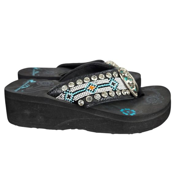 Montana West Wedge Flip Flop Sandal 6 Cross Medallion Turquoise Bead Rhinestone - Picture 5 of 14